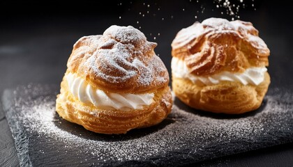 Wall Mural - Cream puffs with whipped cream is a classic French dessert also called choux pastry, on black slate board, dusted with sugar powder.
