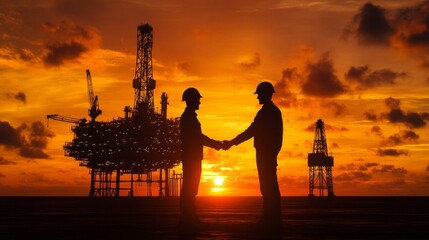 Poster - Two men shake hands in front of a large oil rig
