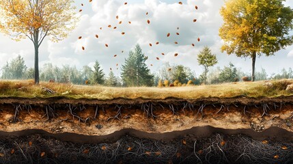 A cross-sectional view of a natural landscape, including detailed underground soil layers with complex root networks, the upper part shows a rich forest environment with trees and falling leaves, the