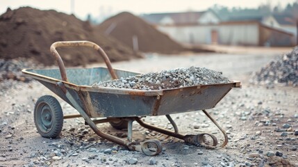 A weathered wheelbarrow filled with gravel on a construction site, reflecting the labor and hard work involved in building.