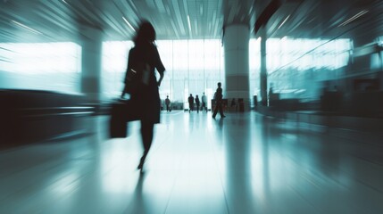 Canvas Print - A motion-blurred image of a person walking briskly through an airy, modern airport terminal, conveying a sense of urgency and movement.