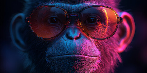 Close-up portrait of a monkey wearing sunglasses, illuminated by pink and blue light.