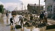 © VK Studio - Residents unite to clean up heavy mud and debris off their flooded street in a tight-knit neighborhood, showcasing a powerful sense of community.