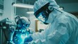 © VK Studio - A researcher in a hazmat suit collaborates with an advanced robot in a highly sterile, futuristic laboratory setting.