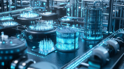 Poster - futuristic factory with ai driven water management systems showcasing advanced technology and glowin