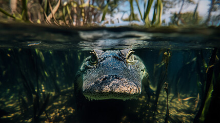 Wall Mural - Close Up of an Alligator's Eyes Underwater