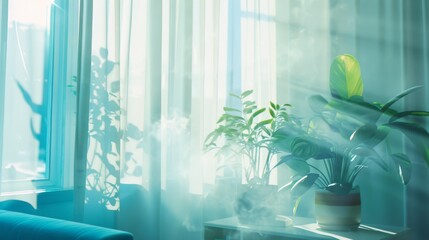 Wall Mural - Soft morning sunlight streams through sheer curtains, illuminating a room adorned with vibrant green houseplants, creating a serene and peaceful atmosphere.