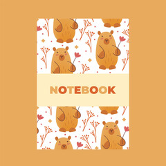 Cover of notebook with hand draw seamless pattern of capybaras with leaves, flower. Vector illustration in flat style. Cartoon cute animal for print.Kid children illustration.Page template,planner.