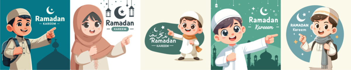 vector set kid with ramadan kareem text