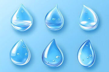 Realistic water droplets vector style set isolated on blue background	