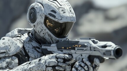 Futuristic Soldier in White Armor Holding a Weapon