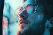 © Hunman - Carefree digital nomad in optical eyewear for vision protection dreaming during time.