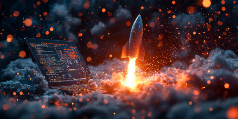 A rocket blasts off from a laptop, representing the power of technology and innovation.
