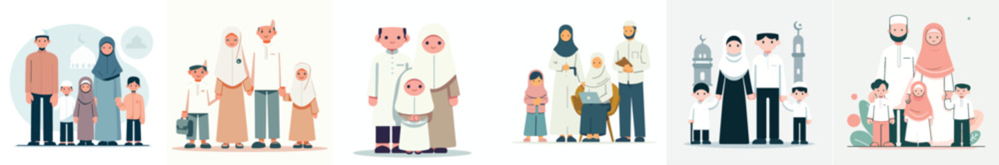 Wall Mural - vector set of full body Muslim family with flat design style