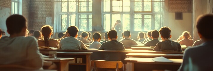 Poster - Students sit in a crowded classroom, striving for knowledge amid old books and a lack of adequate school supplies. Generative AI