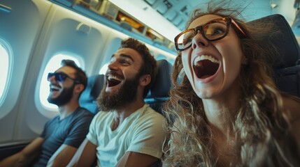 Wall Mural - A group of people experiencing zero gravity in a plane, with expressions of amazement and joy.