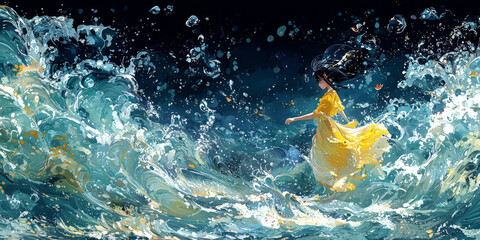 A young woman in a yellow dress stands amidst a swirling sea, her hair flowing in the wind as she faces the waves.