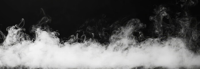 Aufkleber - Abstract fog panorama with white cloudiness, mist, or smog, moving on black background. Beautiful swirls of gray smoke. Mockup for your logo. Wide angle wallpaper for your website.