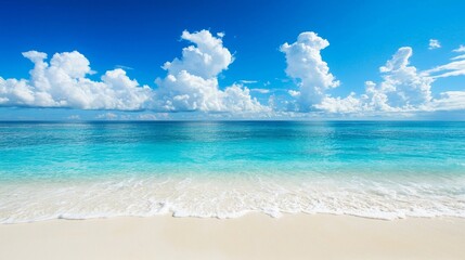 Poster - Abstract texture background of tropical beach with blue sky and white clouds. Concept of summer vacation and holiday business travel.