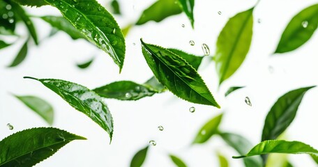 Wall Mural - The leaves are flying in the air against a background of green.