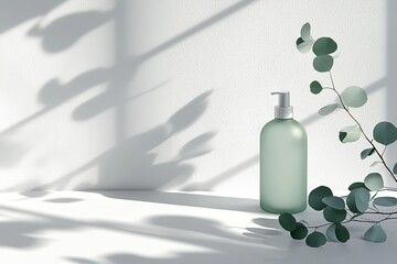 Poster - Background image of white empty concrete textured wall and stage with podium stage, green glass vase with plants, neutral sustainable natural brand product showcase template with copy space