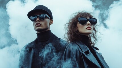 Wall Mural - A man and a woman are standing in front of a cloud of smoke