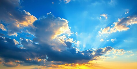 Poster - Stunning landscape with cloudy blue skies and orange sun in the sky.