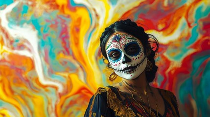 Day of the Dead girl with sugar skull face paint poses against a colorful abstract background