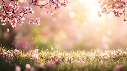 Poster - Spring Easter sunrise with pink cherry blossom flowers blooming in a green grass meadow.