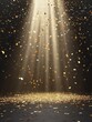 © Business Pics - golden confetti rain on festive stage with light beam in the middle, empty room at night mockup with copy space for award ceremony, jubilee, New Year's party or product presentations