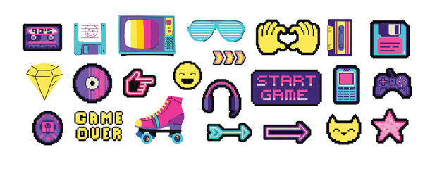 Fototapete - Retro set of icons of 90s. Pop art sticker collection for 1990 born baby. Badge for hipsters with sunglasses, boombox and roller, cassette. Vintage isolated element.