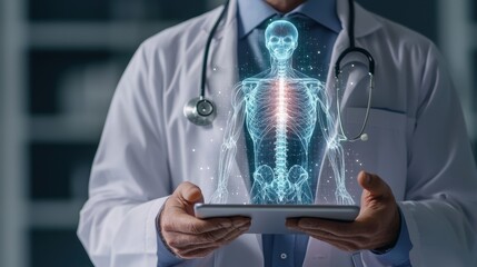 A doctor uses augmented reality to display a holographic skeleton, illustrating advanced medical technology and healthcare innovation.