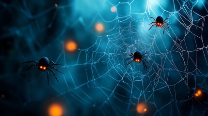 A close up shot of three spiders with glowing eyes on a web in a dimly lit, blue-hued forest. The image is perfect for creating a spooky atmosphere for Halloween themes 