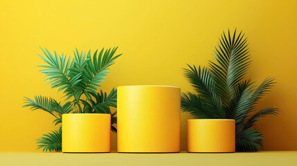 Wall Mural - Three different-sized yellow cylindrical pedestals with green tropical plants against a yellow background. The arrangement is minimalist and vibrant.