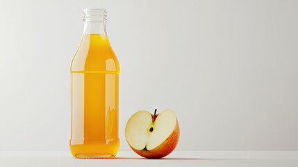 Wall Mural - A sleek fruit juice bottle with a half-cut apple on a crisp white background, showcasing simplicity and purity.