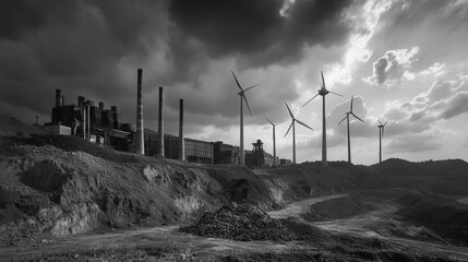 Poster - Wind turbines stand in stark contrast to closed coal mines and old factories, highlighting the shift to renewable energy sources in the area. Generative AI