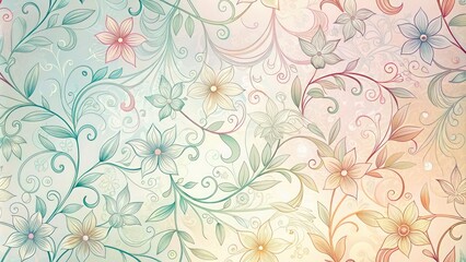  Delicate, hand-drawn floral pattern in soft pastel hues on a subtle gradient background, ornate with intricate lines and swirling tendrils, ideal for designs and textures.