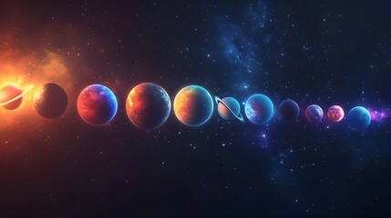 Wall Mural - planetary alignment: the planets of the solar system aligned in a straight line, each one glowing wi