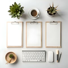 Clean and minimalist workspace mockup with three clipboards. a keyboard. a mouse. a cup of coffee. succulents. and a pen and pencil.