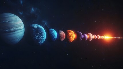 Wall Mural - planetary alignment: the planets of the solar system aligned in a straight line, each one glowing wi