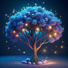 A whimsical 3D illustration of a glowing tree with ethereal lights. perfect for fantasy. nature. and dream like concepts.