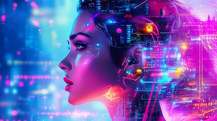 A cyberpunk-style image of a woman, featuring neon lights and a futuristic cityscape