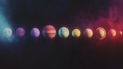 Wall Mural - planetary alignment: the planets of the solar system aligned in a straight line, each one glowing wi