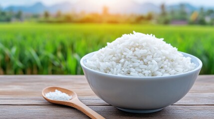 Sticker - A bowl of rice and a wooden spoon on the table, AI