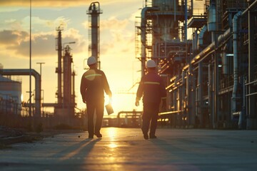 Two Industrial Workers Walking Towards Sunset at Refinery