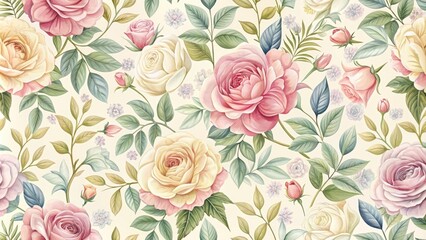  Delicate, intricately illustrated seamless pattern featuring stylized, blooming roses in soft pastel hues on a cream background, perfect for textile, wallpaper, or stationery designs.