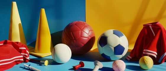 Wall Mural - an assortment of vibrant sports gear, with balls, cones, and jerseys displayed energetically against