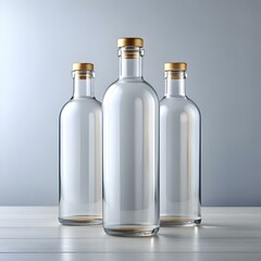 Poster - Three empty glass bottles with golden caps stand in a row on a white wooden surface.