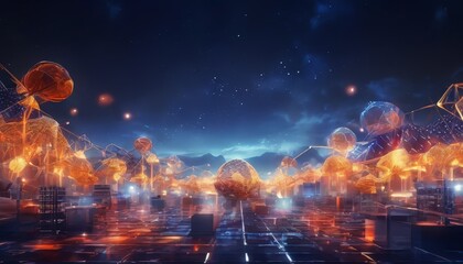 futuristic city with lot glowing orange and blue shapes