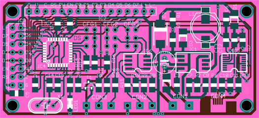 Wall Mural - Vector printed circuit board of electronic 
device with components of radio elements, 
conductors and contact pads placed on pcb. 
Engineering computer technic drawing.